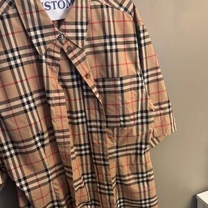 Burberry Tan Plaid Shirt with Red and Black Accents